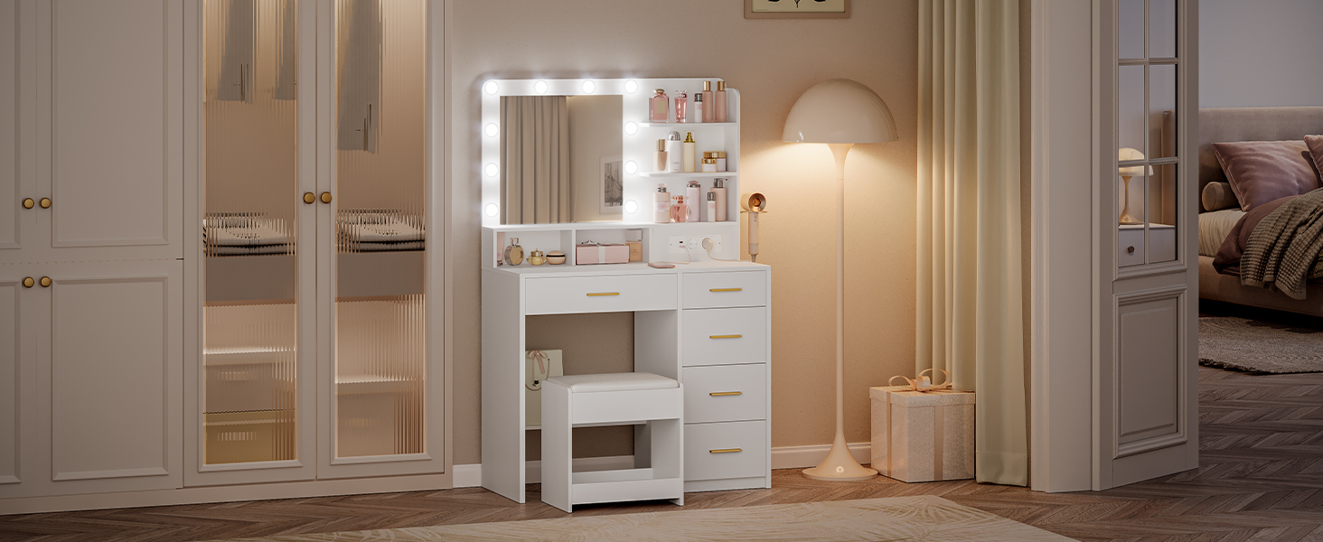 Дзеркальний туалетний столик Hzuaneri з LED-підсвіткою (10 LED), пуфом, великим дзеркалом, тримачем для фену та шухлядами, білий DT39003X