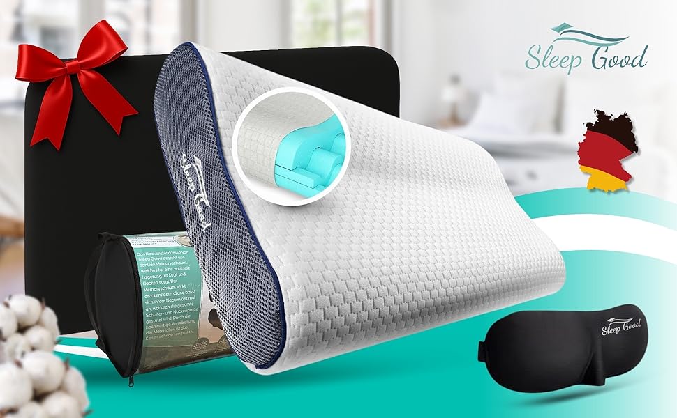 Ортопедична подушка для шиї Sleep Good з безкоштовним чохлом - проти болю в шиї - з піною з пам'яті, регульована висота - подушка для тих, хто спить на боці, сіра
