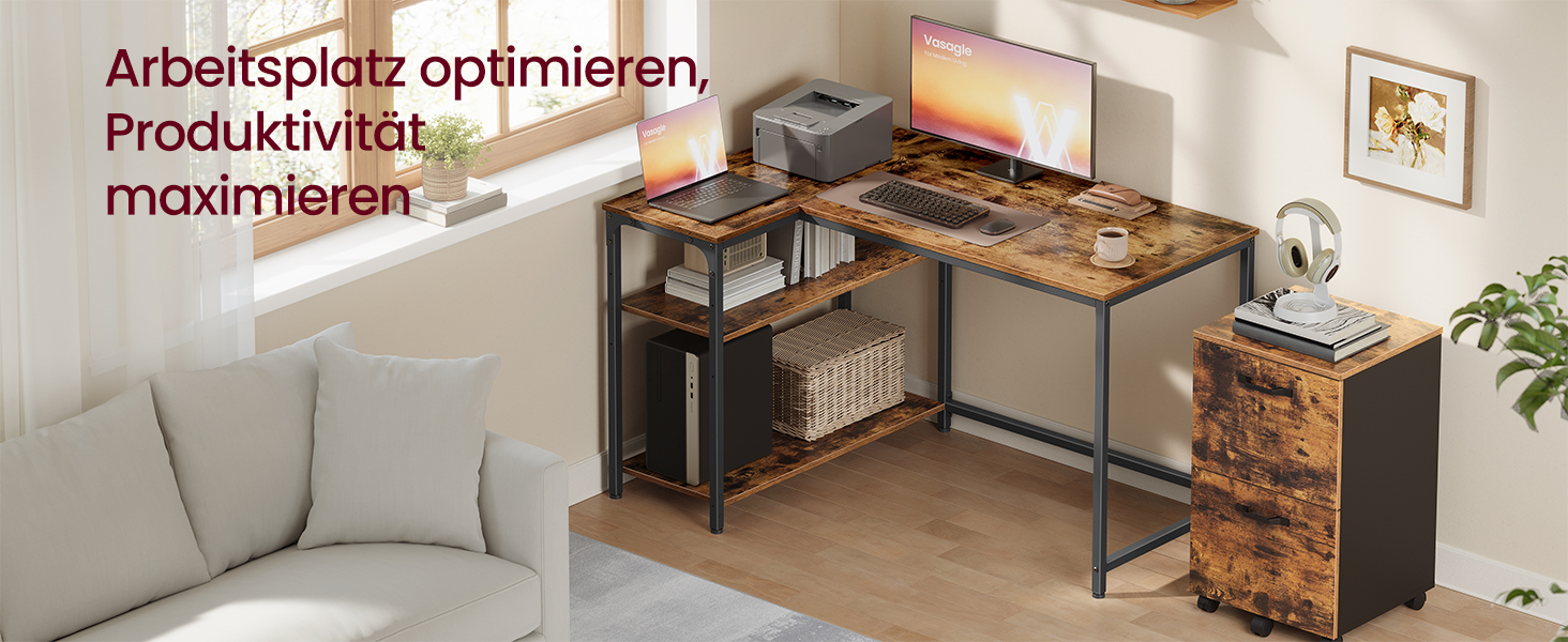 Кутовий стіл VASAGLE L-подібної форми з полицею, для офісу та дому, 110 x 80 см, vintage brown