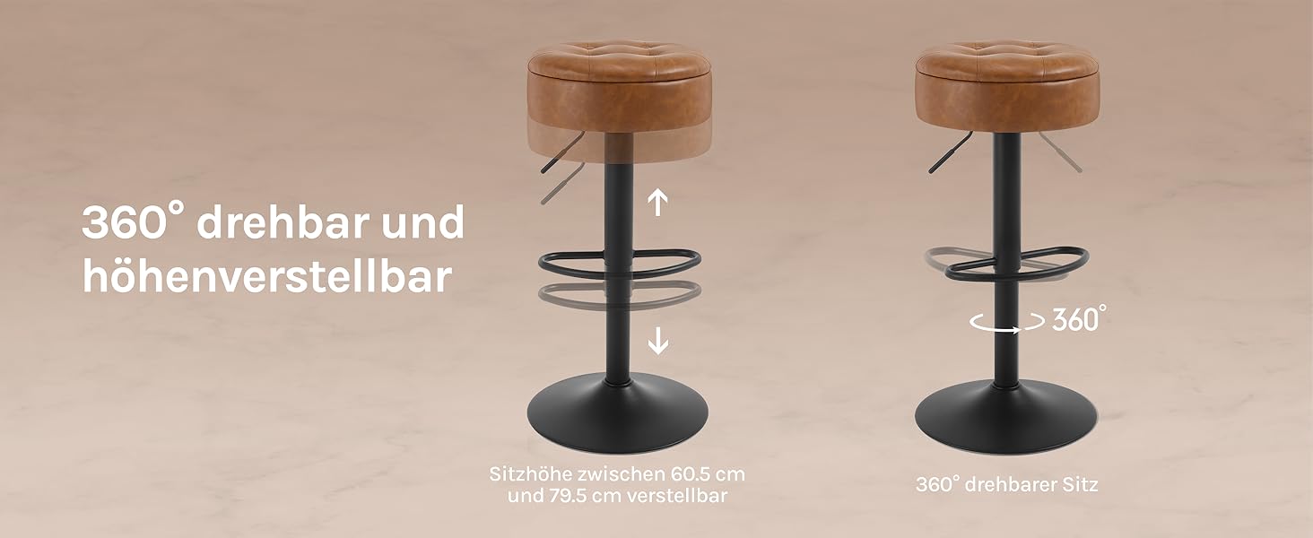 Барні стільці WOLTU 2 шт. з місцем для зберігання, регульовані по висоті, 360° обертання, для кухонної вишки, їдальні, бару, кухні, вітальні, штучна шкіра, метал, коричневий, вінтажний стиль