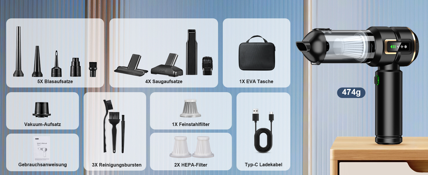 Акумуляторний ручний пилосос 4-в-1 для авто та дому з LCD-дисплеєм, потужність 28000Па, 3 режими роботи, бездротовий міні-пилосос від шерсті та пилу, чорний