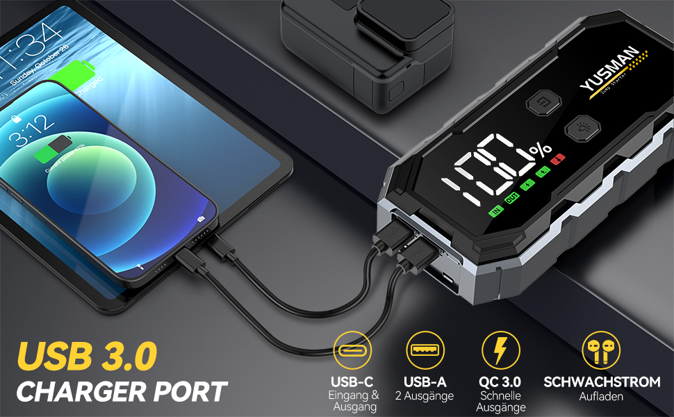 Powerbank для автомобіля Starthilfe: 6000A, 12V, бустер для акумулятора, LCD-дисплей, 4 режими LED-підсвічування. Підходить для бензинових (8L) та дизельних (6L) авто, SUV, мотоциклів, газонокосарок.