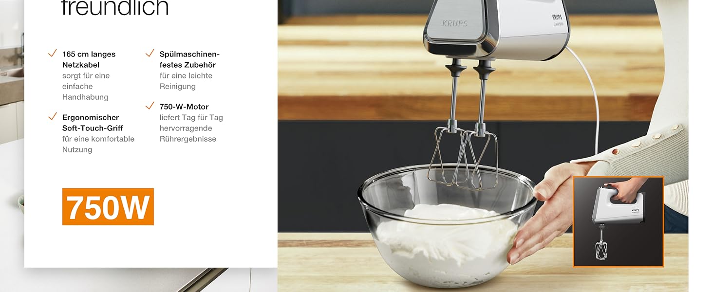 Міксер ручний Krups 3Mix 9000, 750 Вт, білий - з насадками для збивання та тіста