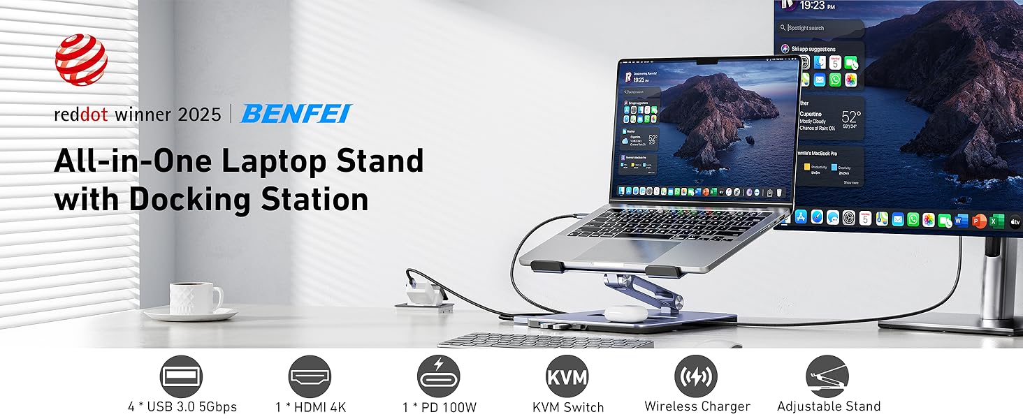 Підставка для ноутбука BENFEI з алюмінію з USB-C док-станцією 6в1, 15W Mag-Safe зарядкою, USB 3.0 KVM Switch, HDMI 4K@60Hz, 4*USB3.0, 100W PD для MacBook Pro/Air iPad Pro XPS Thinkpad