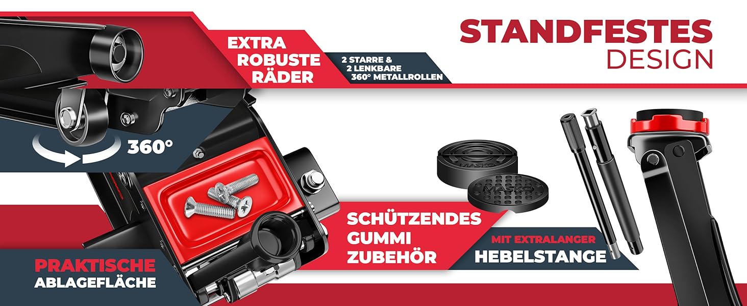 Гідравлічний домкрат MASKO 3T з низьким профілем 85-460мм, 3 гумові накладки, для легкових авто та SUV, ролики 360°, рукавички в комплекті. Домкрат під автомобіль до 3 тонн - Чорний