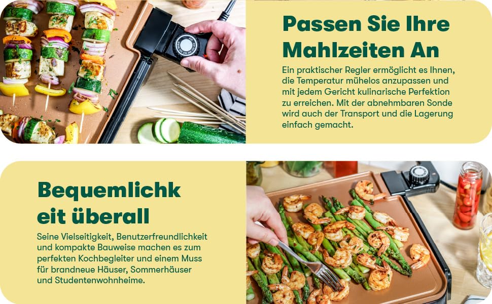 Електрична гриль-плита BELLA XL з керамічно-титановою поверхнею, для приготування 15 яєць одночасно, з антипригарним покриттям Healthy-Eco, легко миється, велика вмикаючася поверхня для приготування, 30,5 x 56 см, колір: мідний/чорний