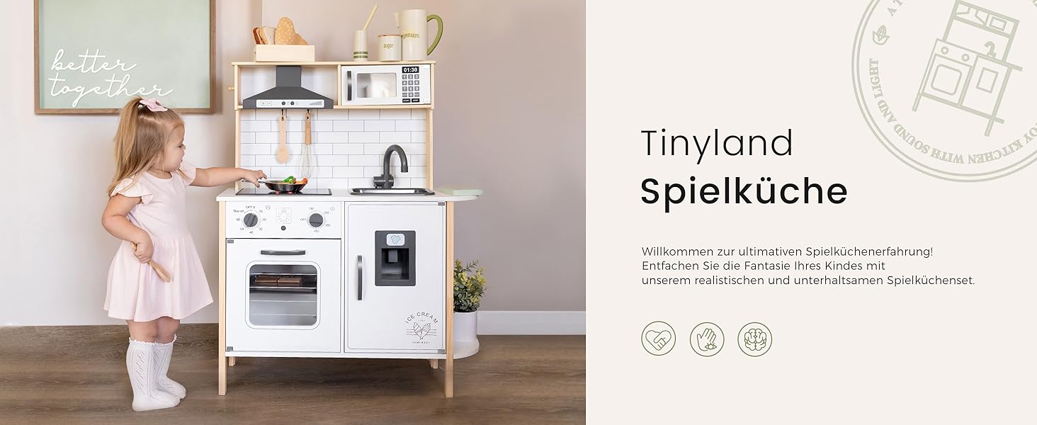 Дерев'яна дитяча кухня Tiny Land з аксесуарами: 18 предметів посуду та їжі. Іграшковий кухонний набір для дітей з підсвіткою та звуками.