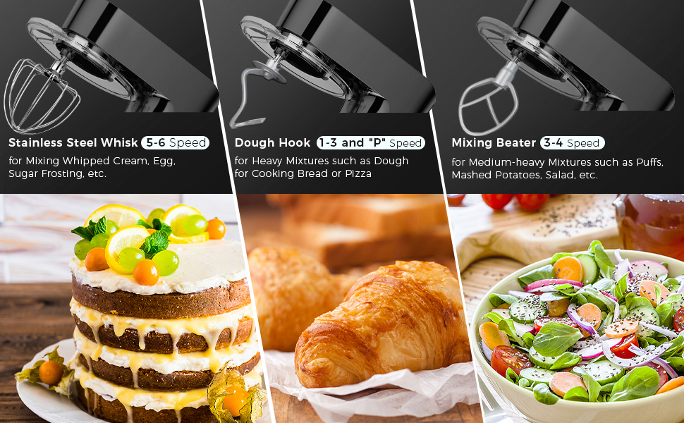 Кухонна машина POWWA 5.5L з 6 швидкостей, 1500W, для замішування тіста, з міксером, гаком для тіста та насадкою для збивання, чорного кольору