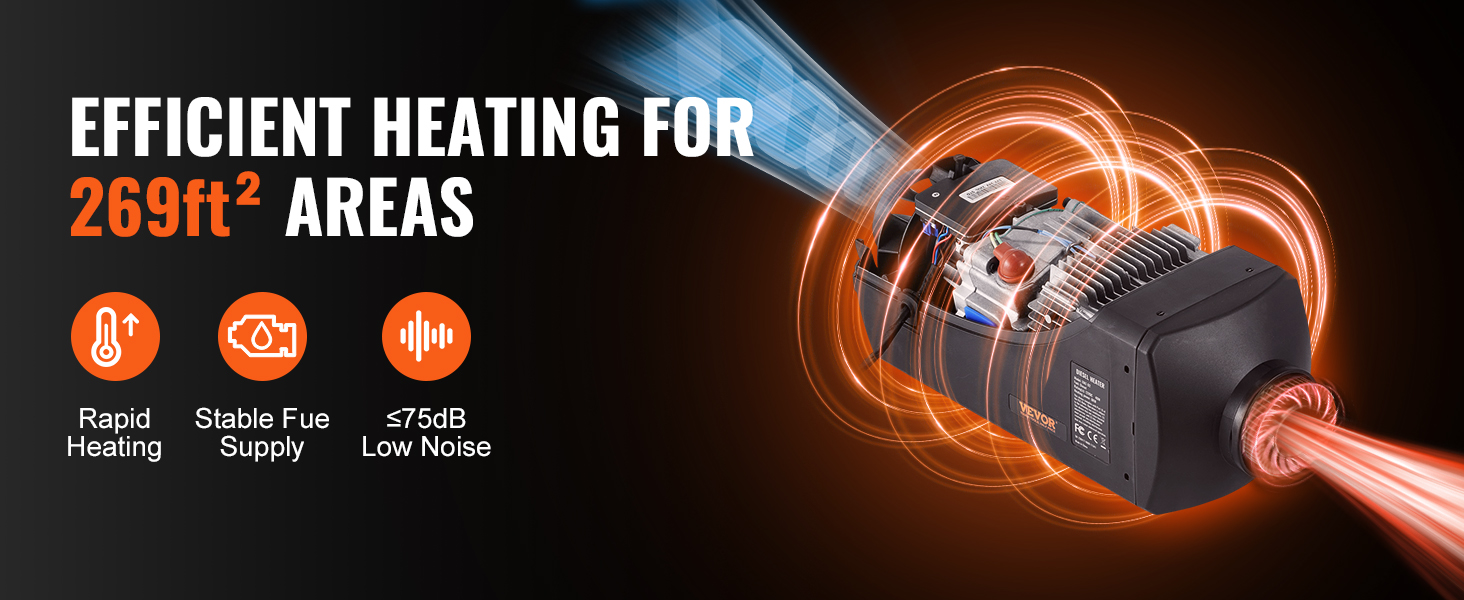 Автономний дизельний опалювач VEVOR 8 кВт, 12V, з LCD-дисплеєм та пультом ДУ, Bluetooth, 0.16-0.62 л/год, оранжевий