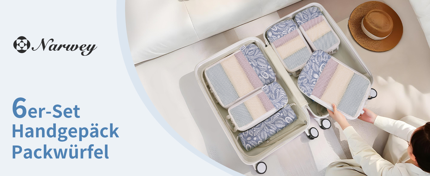 Набір органайзерів для подорожей Narwey з компресією, 6 шт, сумки-пакувальники для валізи та рюкзака (Блакитний листок)