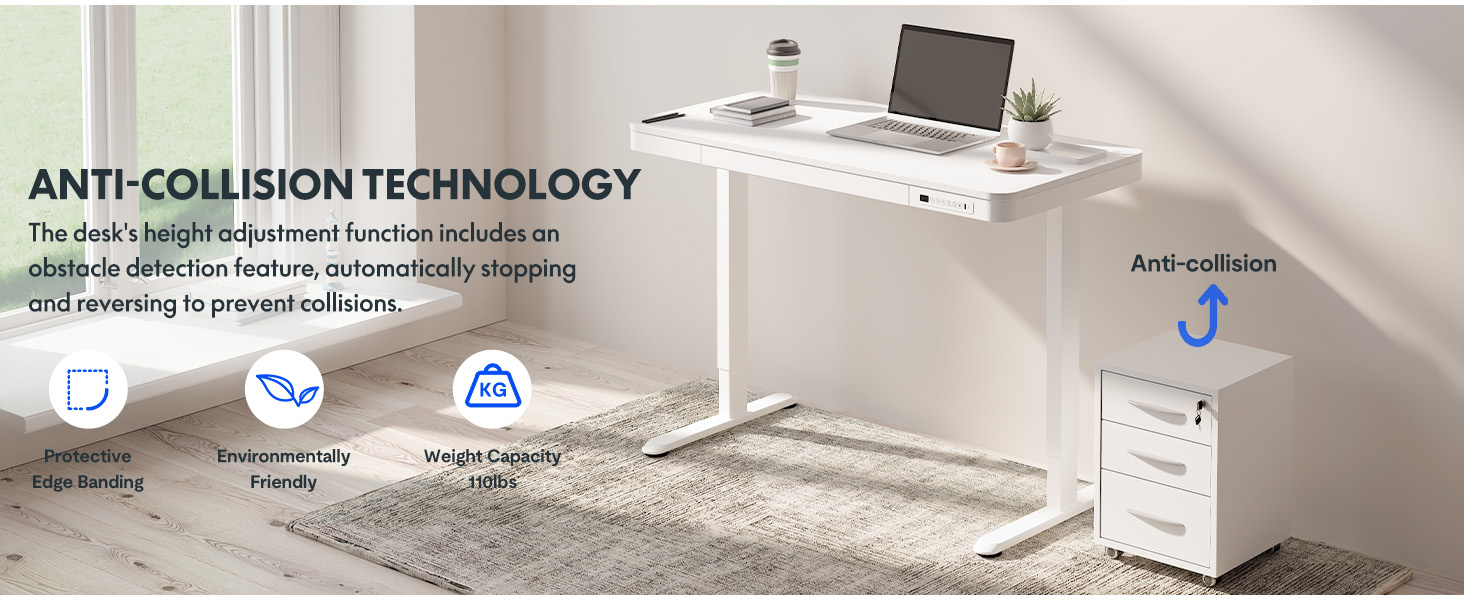 Електричний регульований стіл Sanodesk з ящиком, сенсорним керуванням та USB-портами, 120 x 60 см, білий колір, білий каркас, висота 73.5-118 см