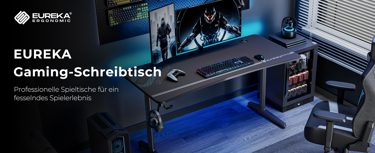Ігровий стіл EUREKA ERGONOMIC 152x70 см - великий комп'ютерний стіл для геймерів з підставкою для навушників та тримачем для напоїв, чорний