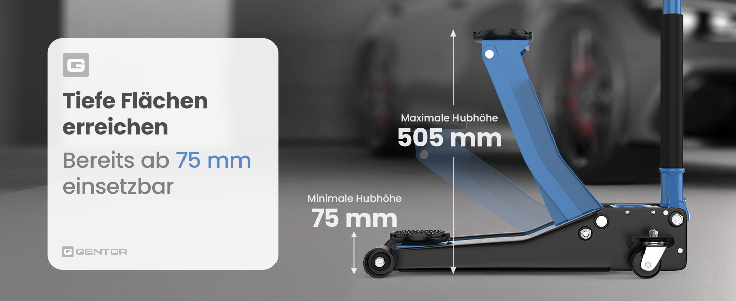 Гідравлічний домкрат 3T низькопрофільний 75-505мм з гумовими накладками для легкових авто та SUV – професійний, на колесах 360° (блакитний)