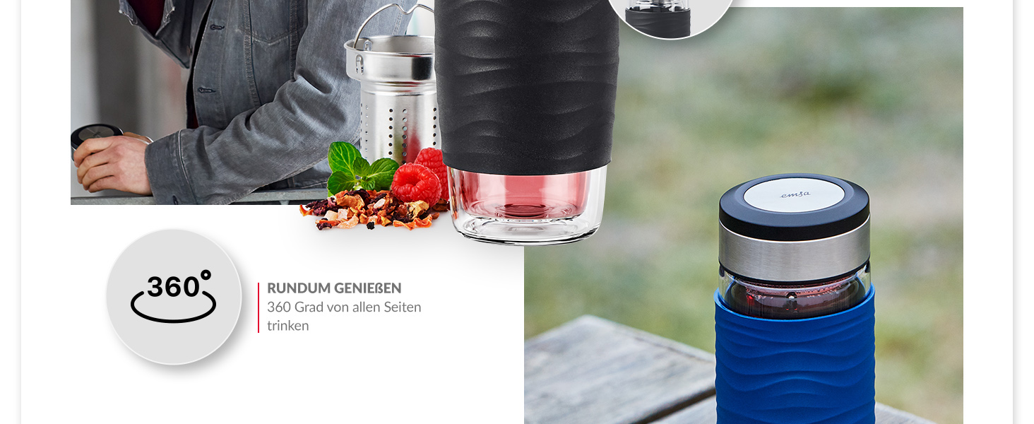 Емса N20805 Чайний горнятко з подвійними стінками | 0,4 л | знімний фільтр | без BPA | 100% герметичне | не протікає | придатне для миття в посудомийній машині | 360° отвір для пиття | Синій