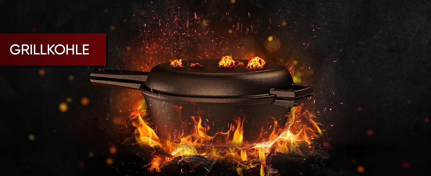 Нідерландський горщик 2в1 з чавуну 4.8л & сковорода з чавуну 1.8л - Набір нідерландського горщика з подвійною функцією - з кулінарною книгою та аксесуарами для барбекю, кемпінгу та кухні - 30 років гарантії (2в1 сковорода)