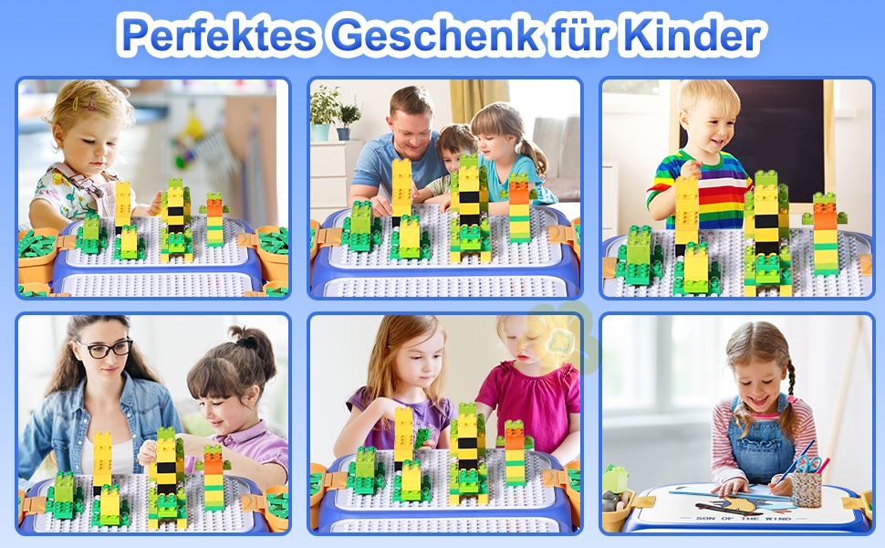 Дитячий стіл Fygurso з кріслом та 90 великих кубиків для конструювання. Трансформується в коробку на колесах. Для дітей від 3 років.