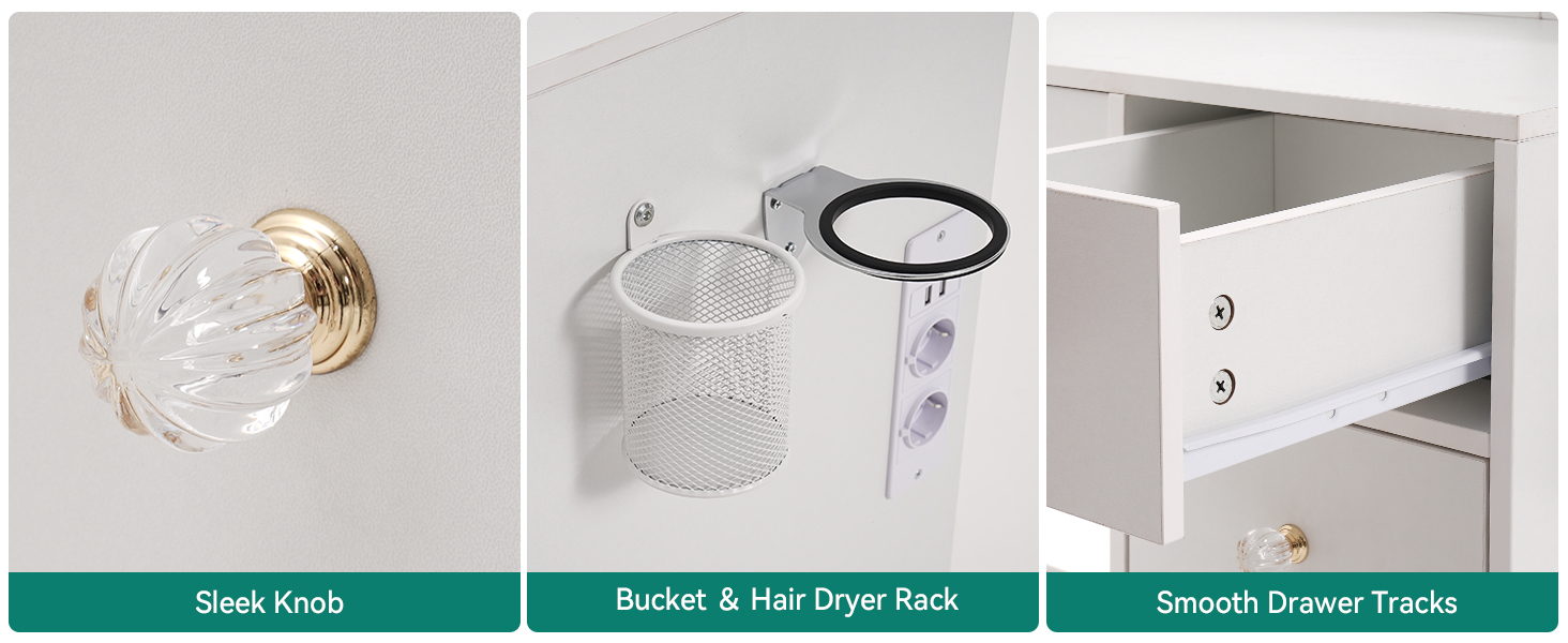 Туалетний столик YITAHOME з підсвічуванням та дзеркалом, з пуфом, 4 шухляди, відкриті полиці, чорний (білий, 9 шухляд)