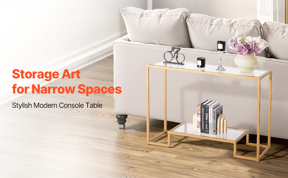 VEVOR Консольний столик з 2 ящиками, сучасний прямокутний, 107 x 35,4 x 75,5 см, з скляною стільницею, столик біля дивана з захистом від перекидання, для вітальні, передпокою, холлу