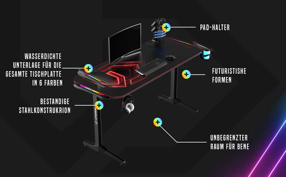 Ігровий стіл ULTRADESK FRAG V3 LED RGB, місце для 2 моніторів, сталь, 150x60 чорний (зелений світлодіод)