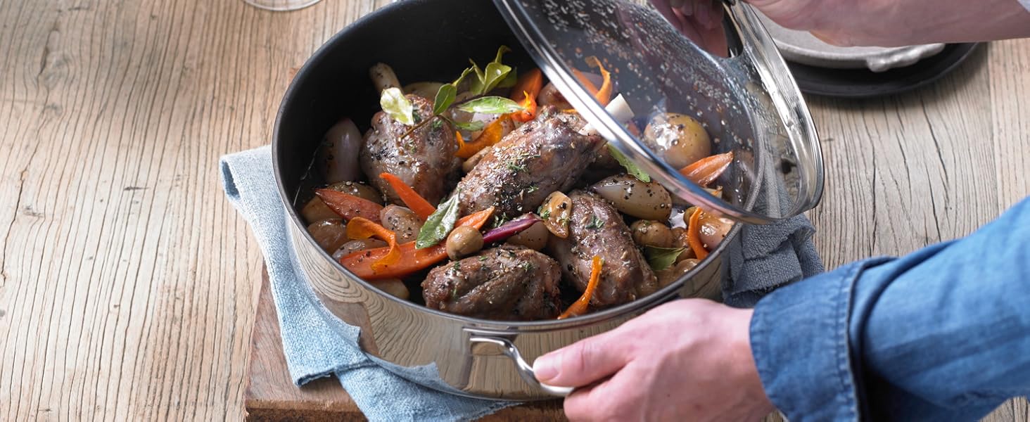 Сковорода WMF Schmorpfanne 28 см з високим бортиком, каструля-жаровня Induktion, сковорода з кришкою 5.0л, Cromargan нержавіюча сталь з покриттям, для духовки, антипригарне покриття, високий бортик