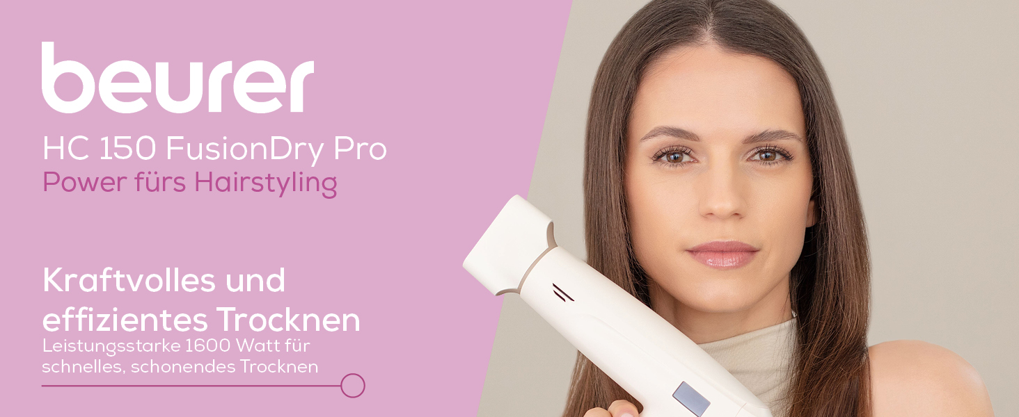 Фен для волосся Beurer HC 150 FusionDry Pro з цифровим двигуном, іонізацією та набором з 4 насадок, складаний дорожній