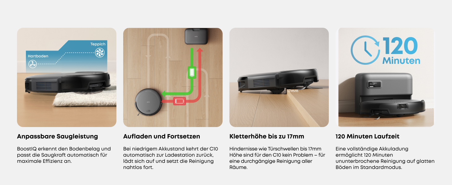 Робот-пилосос eufy C10 з автоматичною станцією самоочищення, 7,3 см, для прибирання килимів, з бічною щіткою для кутів, лазерна та інфрачервона навігація