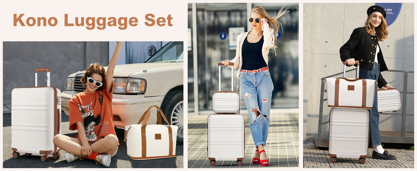 Набір валіз KONO 6 частин: велика валіза, середній, маленький, beauty case, сумка для ручної поклажі, косметичка (сірий/коричневий)