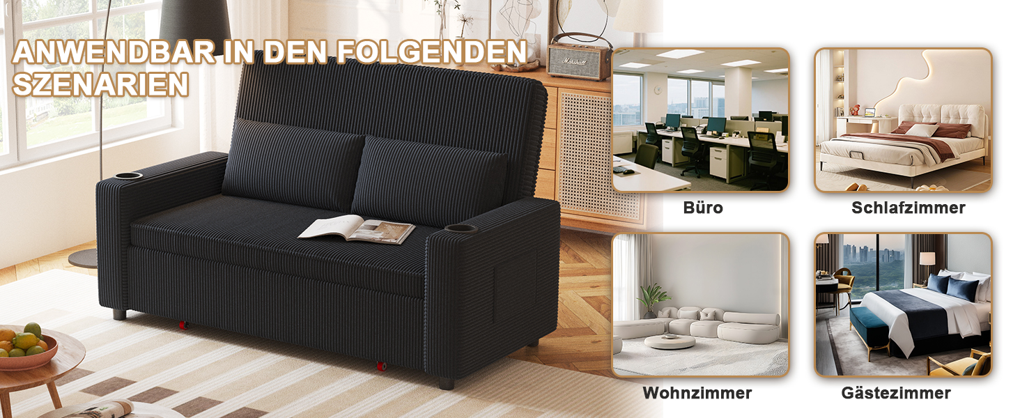 Диван-ліжко JUMMICO 2-місний розкладний з подушками, оббивка корд, чорно-синій, 75x160x93 см. Диван для вітальні та спальні з підсклянником