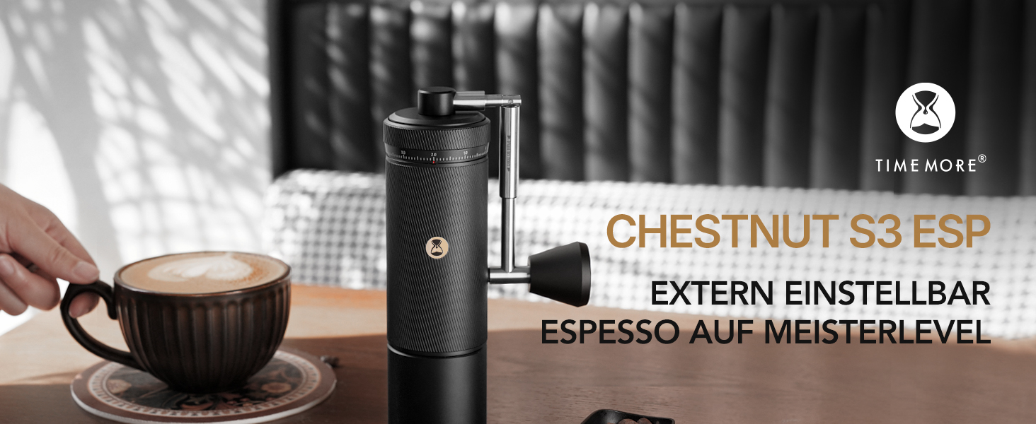 Ручна кавомолка TIMEMORE Chestnut з нержавіючої сталі, шліф Kegelschliff S2C, для еспресо та френч-пресу, чорна