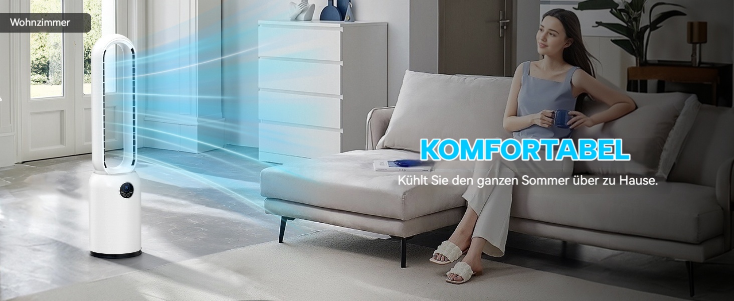 Безлопатевий вентилятор Turmventilator 88 см, з LED-дисплеєм, пультом, таймером 12 год, 90° осциляція для спальні/офісу (синій)