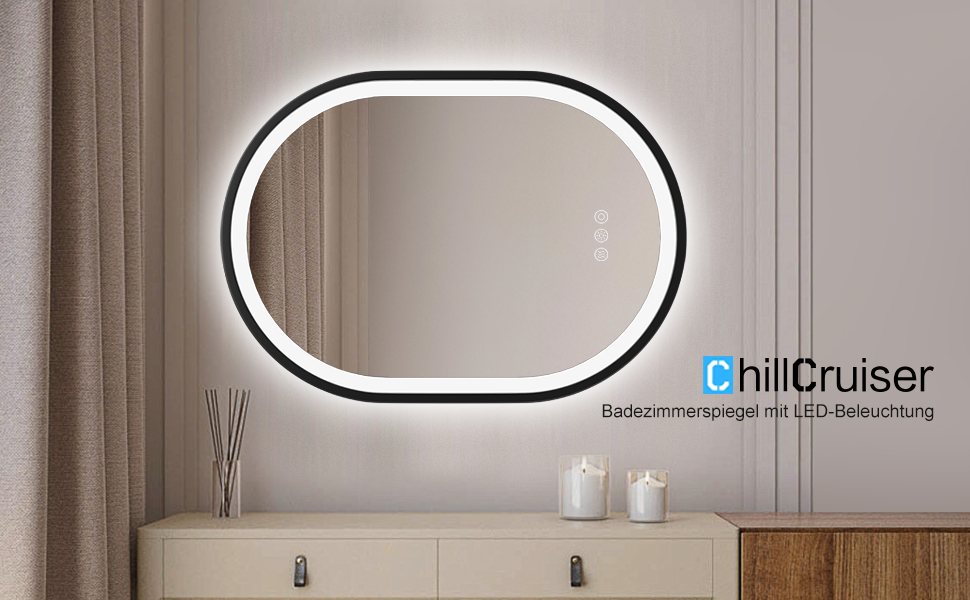 Круглий LED-дзеркало для ванної кімнати ChillCruiser 50 см з чорною рамою, антизапар, 3 кольори, функція Memory