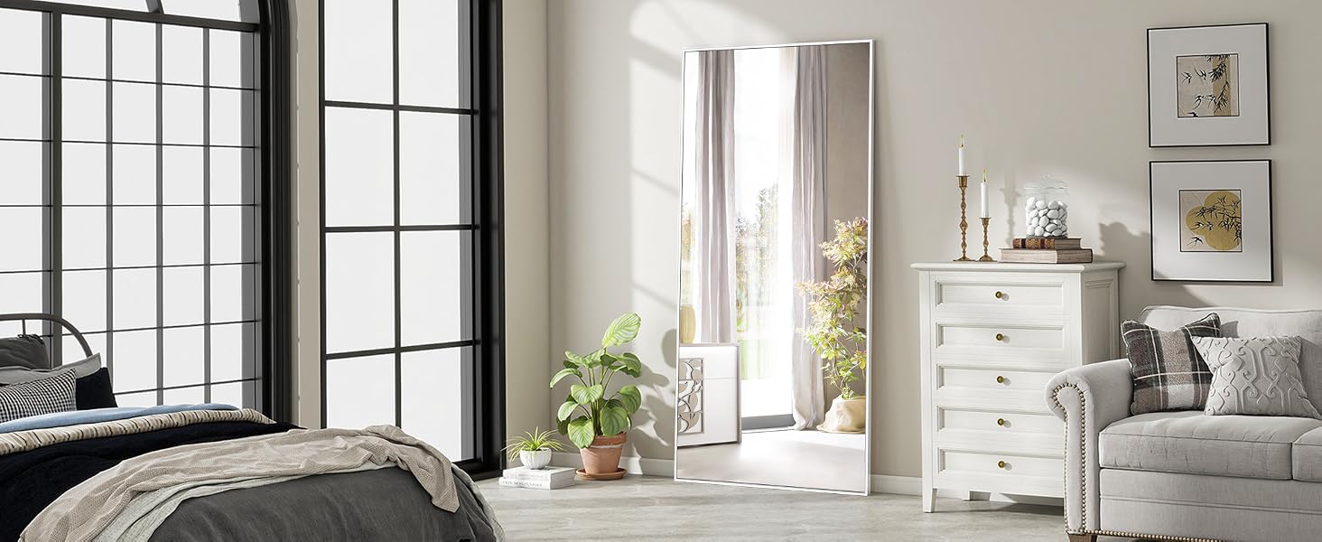 Дзеркало підлогове велике BEAUTYPEAK 76x180 см, повнорозмірне, настінне/підлогове, білий. Для спальні, вітальні, гардеробної.