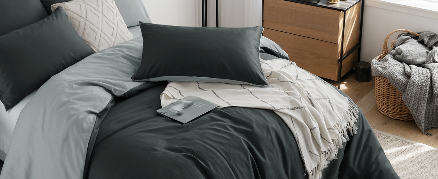 Комплект постільної білизни RUIKASI 135x200 з бавовни (4 частини) - сірий, двоколірний комплект з блискавкою, антрацит та світло-сірий, 135x200 см