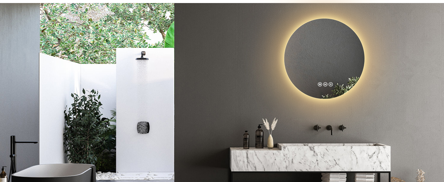 Дзеркало для ванної кімнати EMKE з підсвічуванням, діаметр 50 см, регульоване холодне біле світло, функція пам'яті, вимикач, IP44, енергозберігаюче, з підсвічуванням ззаду, дзеркало для ванної кімнати (3 кольори світла + проти запотівання, 80 x 80 см)