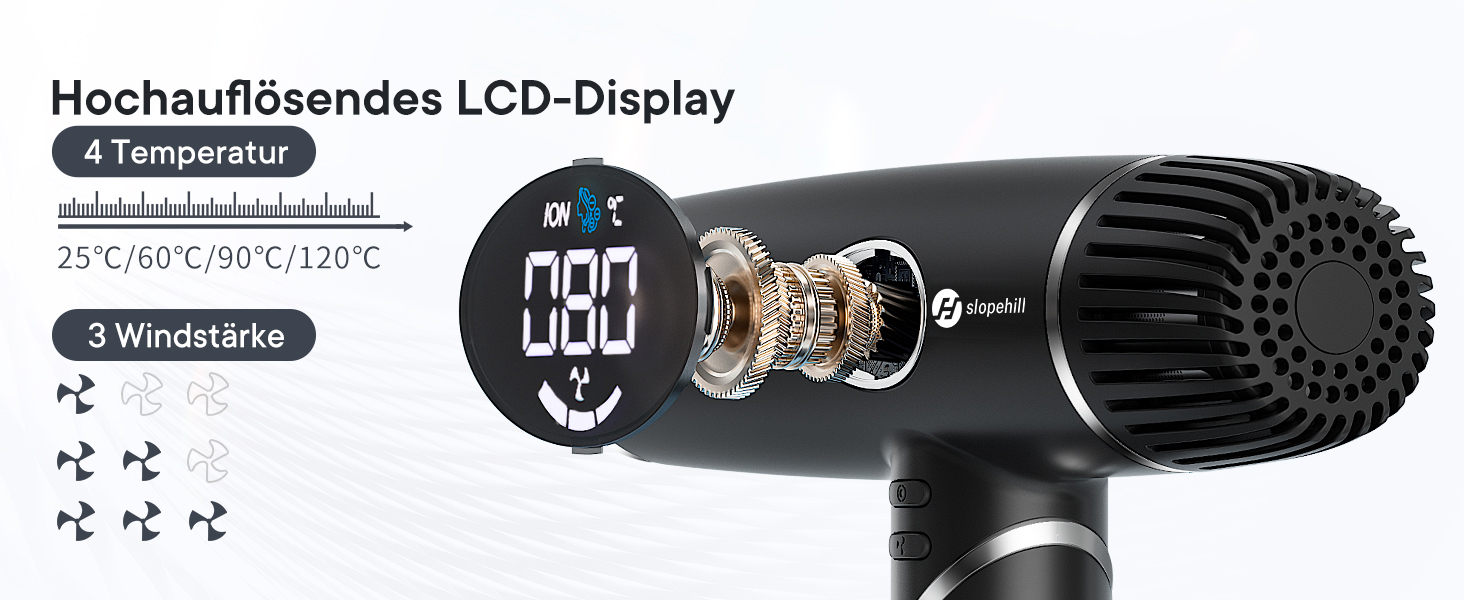 Фен для волосся Slopehill 2000W з іонізацією, безщітковим двигуном 110 000 об/хв, LCD-дисплеєм та 3 дифузорами, складаний, чорний