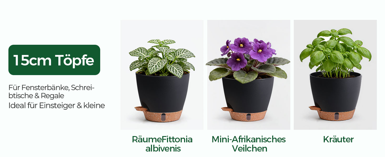 Набір 4 самополивні горщики T4U 15 см з індикатором рівня води, для дому та саду, чорний