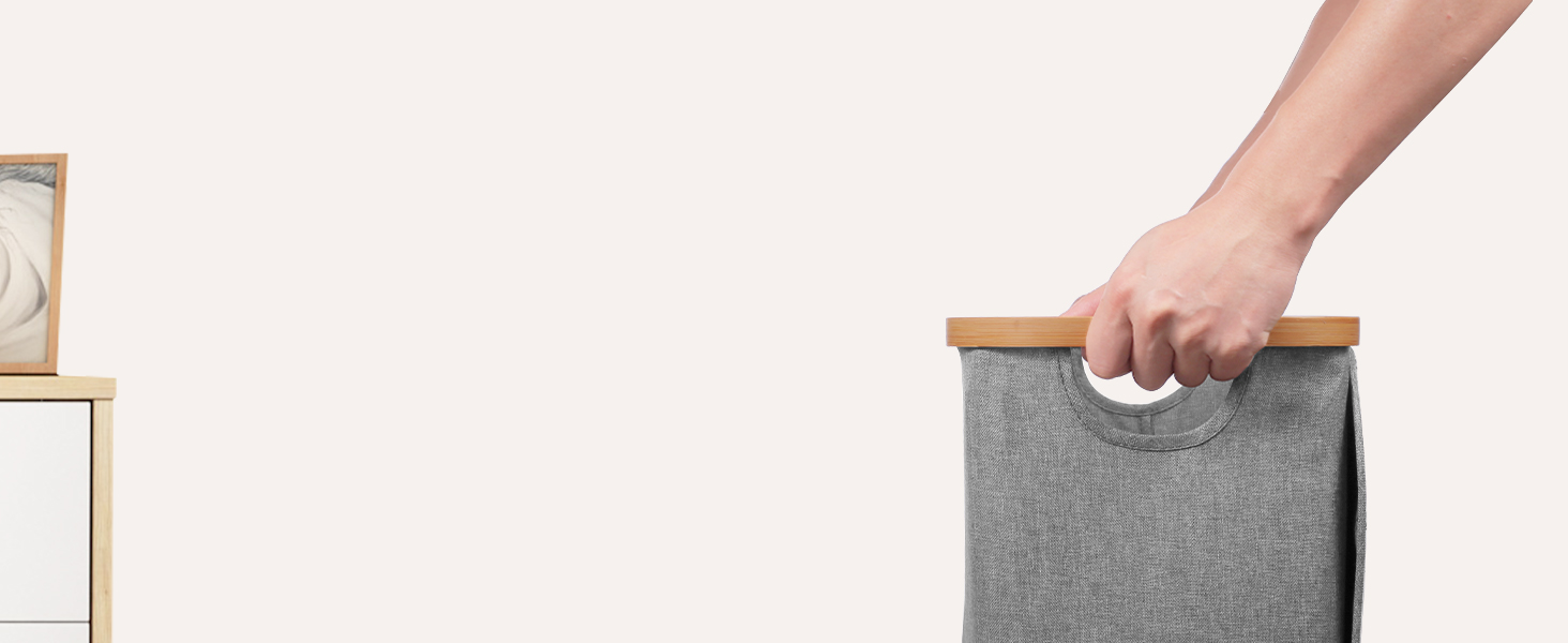 Кошик для білизни з кришкою 70л, вузький, з бамбуковими ручками та внутрішньою кишенею, складний, портативний, для пральні, йоги, темно-сірий 70л