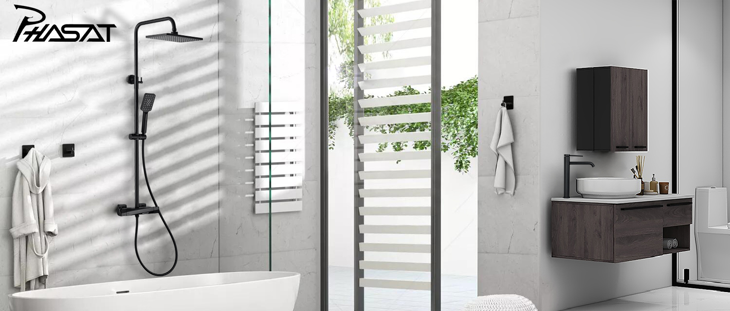 Змішувач для ванни PHASAT з витяжною лійкою, чорний, настінний монтаж, PTBB13E Long spout