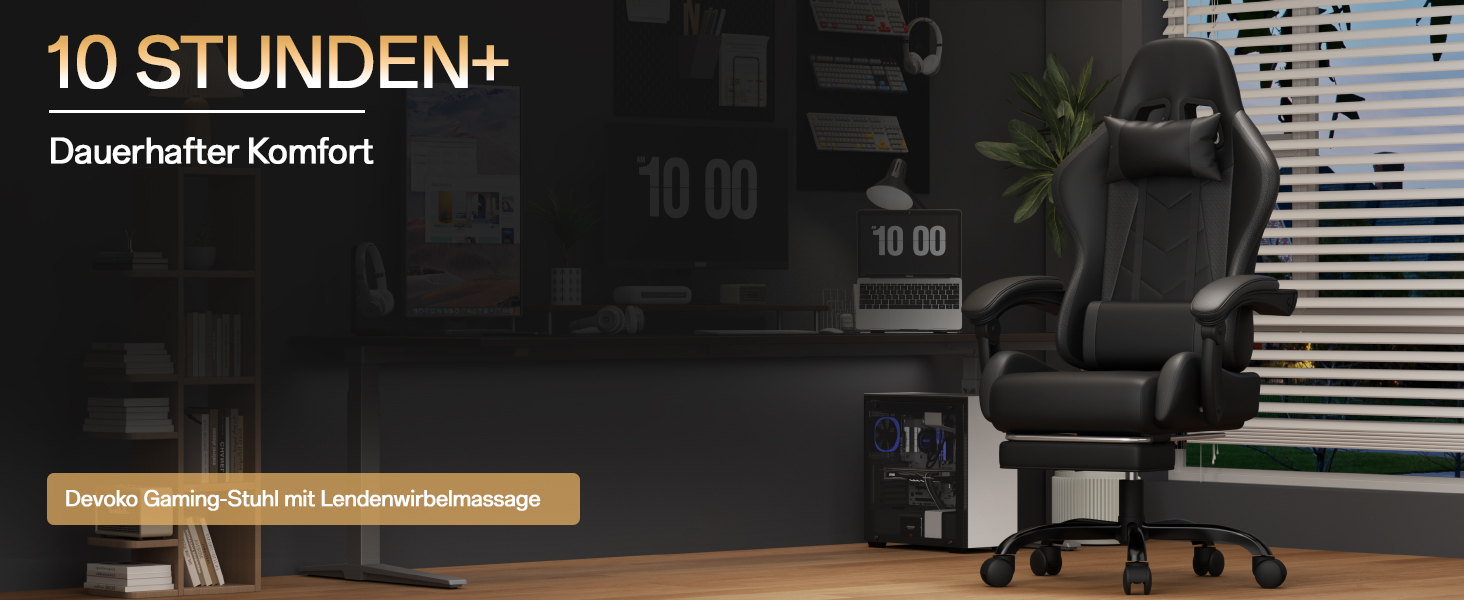 Ігровий крісло JUMMICO з масажем, ергономічний офісний крісло з підголовником для попереку, регульована спинка 90-135°, підставка для ніг, чорний, до 150 кг