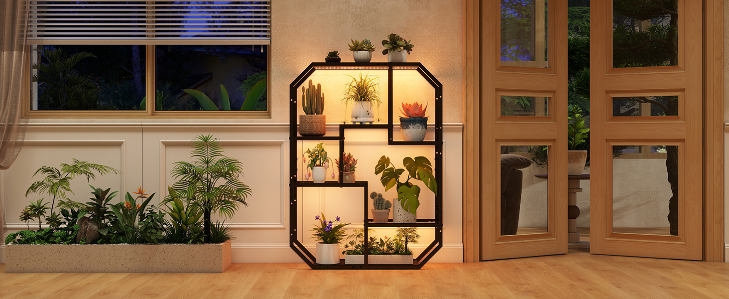 Підвісні полиці YU YUSING з RGB підсвічуванням 7 кольорів, геймерські полиці з 8 гачками, полиці для демонстрації, настінна вітрина з 2 скляними полицями, підвісна вітрина для спальні, кухні, бару, ігрової кімнати, шестигранна (чорний колір)