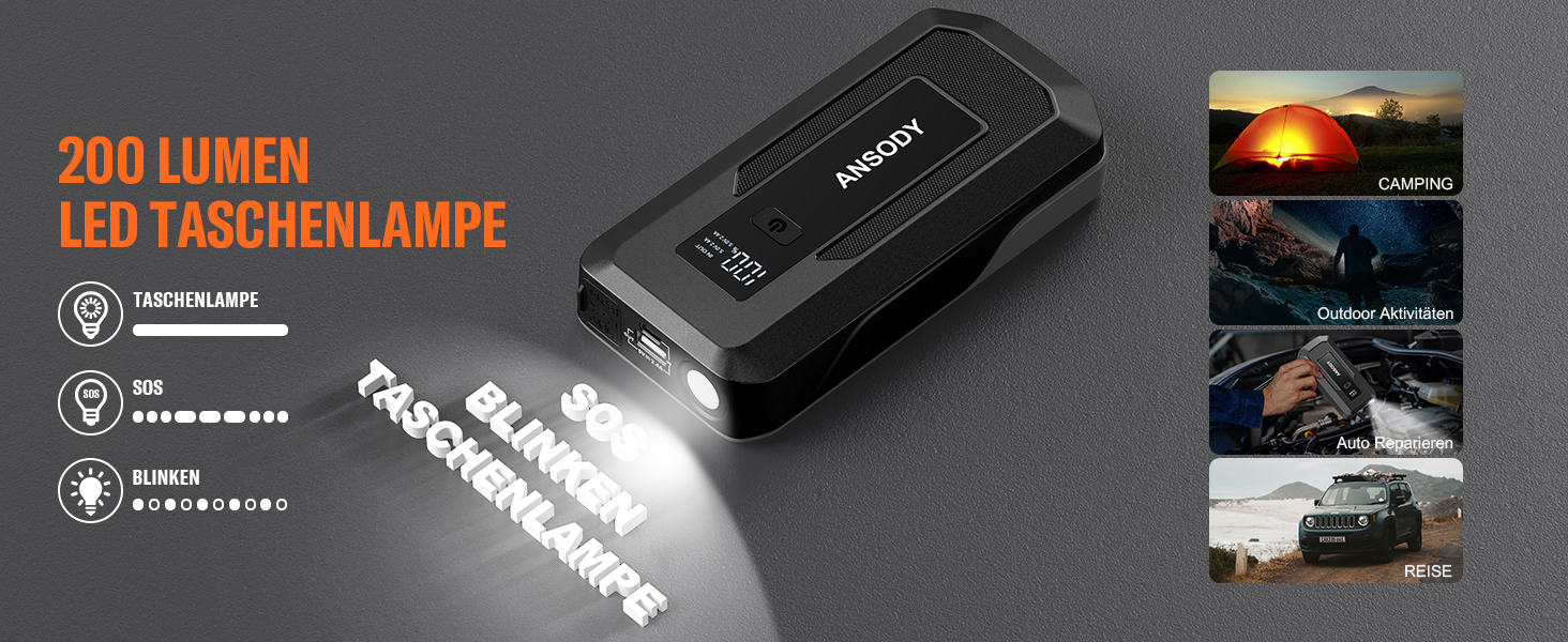 Бустерний пускач автомобіля 3000A Powerbank для авто 12V (до 10л бензин/8л дизель) з LED-ліхтарем та пусковими кабелями, сірий