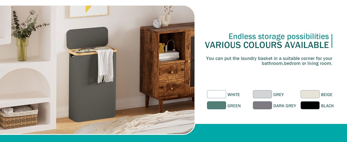 Кошик для білизни Youdenova з кришкою, 48л, вузький, з мішком для білизни, сортувальник, бамбук, білий