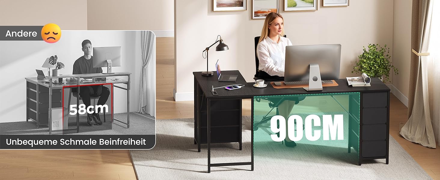 Кутовий стіл YOUDENOVA 150x100 см з шухлядами, розеткою та USB-зарядом, чорний. Стол L-подібний з місцем для зберігання