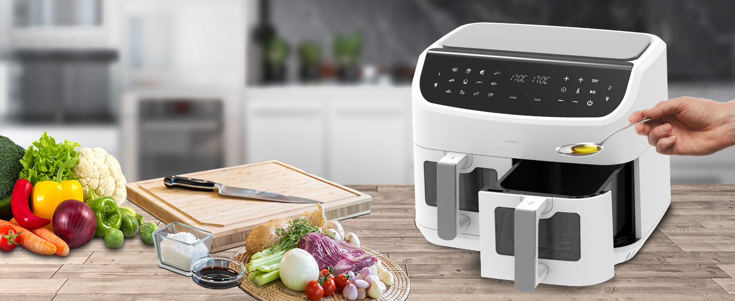 MEDION P20 XXL Фритюрниця для повітряного приготування з 2 камерами (8,7 л, Airfryer, 2600 Вт, подвійна камера, 10 автоматичних програм, 2 ящики, віконце, Dual Airfryer, ILAG PFAS-free, MD11760) матово-білий