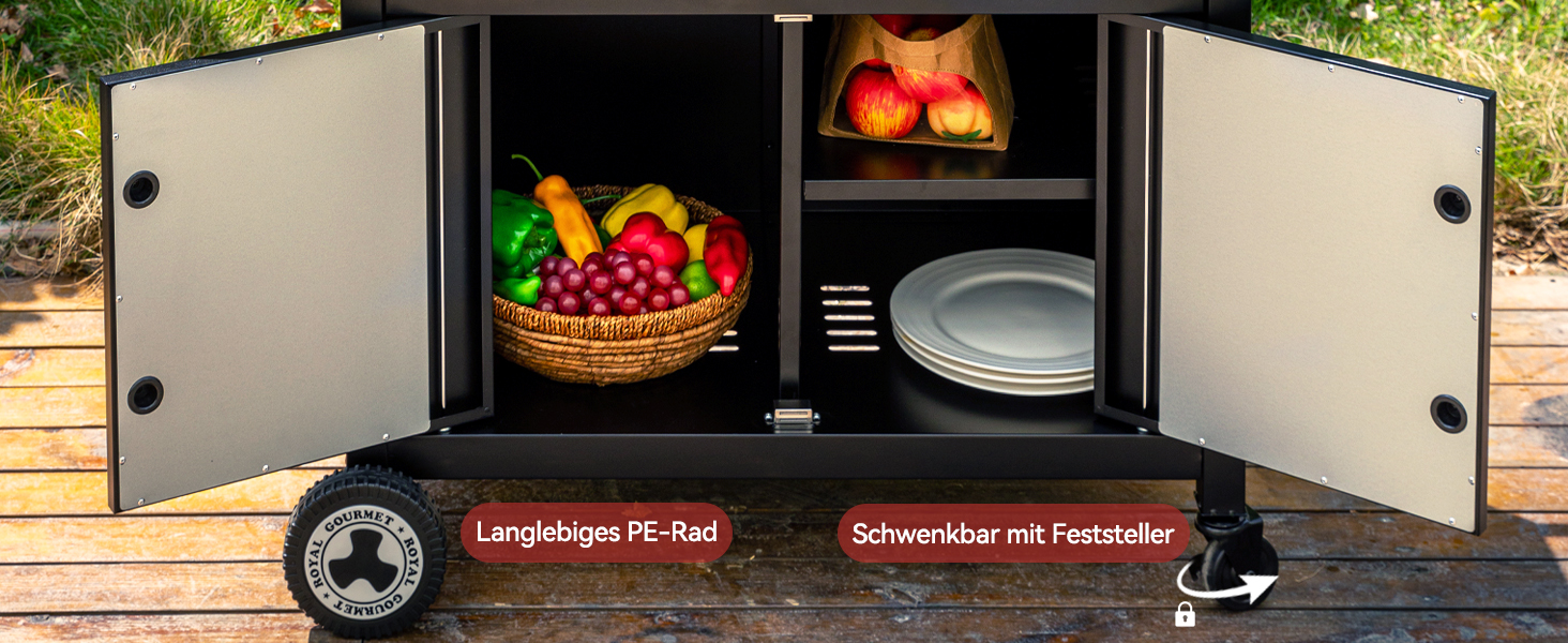 Royal Gourmet Grillwagen: гриль-візок з відкидним столиком, шафкою та нержавіючою сталевою поверхнею