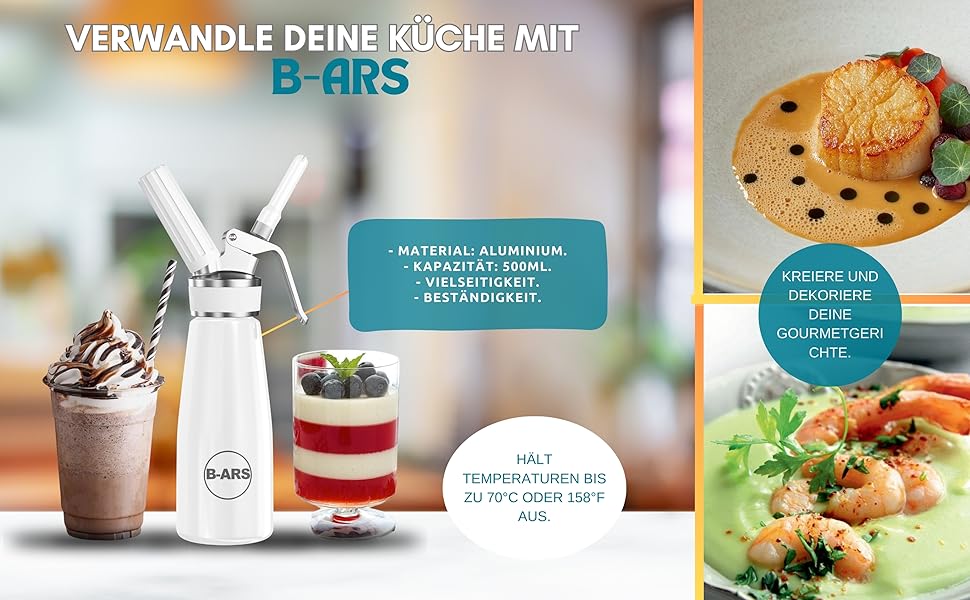 Кухонний сифон B-ARS з алюмінію, 500 мл, білий – аксесуар для холодних мусів та десертів, без системи тиску, з нержавіючою сталевою насадкою, придатний для миття в посудомийній машині