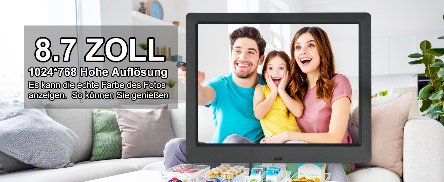 Цифровий фоторамка TSITSC 8.7 дюйма, IPS-екран 1024*768, календар, годинник, музика, фото/відео, USB/SD, з пультом, чорний