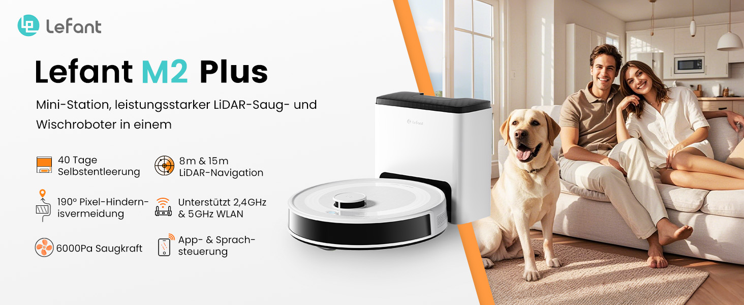 Робот-пилосос LEFANT M2Plus з функцією миття підлоги, 6000Pa, LiDAR-навігація, самоочищення, ідеальний для видалення шерсті тварин