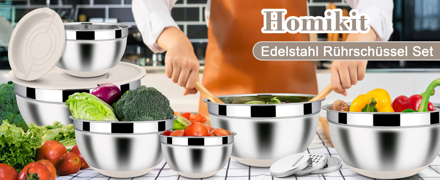 Набір місок Homikit з нержавіючої сталі, 6 шт. з тертками, кришками та силіконовим дном, 4.6/2.8/2.5/1.6/1.2/0.7 л, зелений