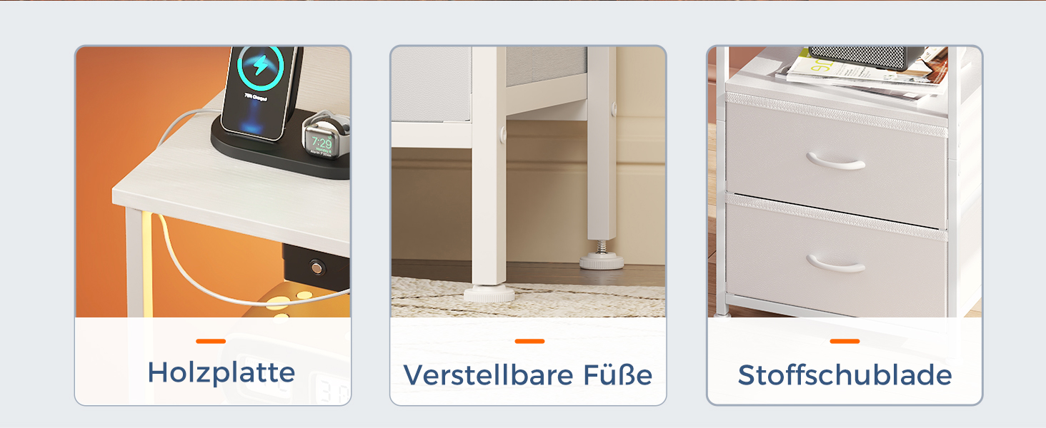 Приліжкова тумбочка Coleshome біла з USB, розеткою та LED-підсвіткою, 2 висувні ящики та полиця, для невеликих спалень, 40x30x60 см, в упаковці 1 шт.